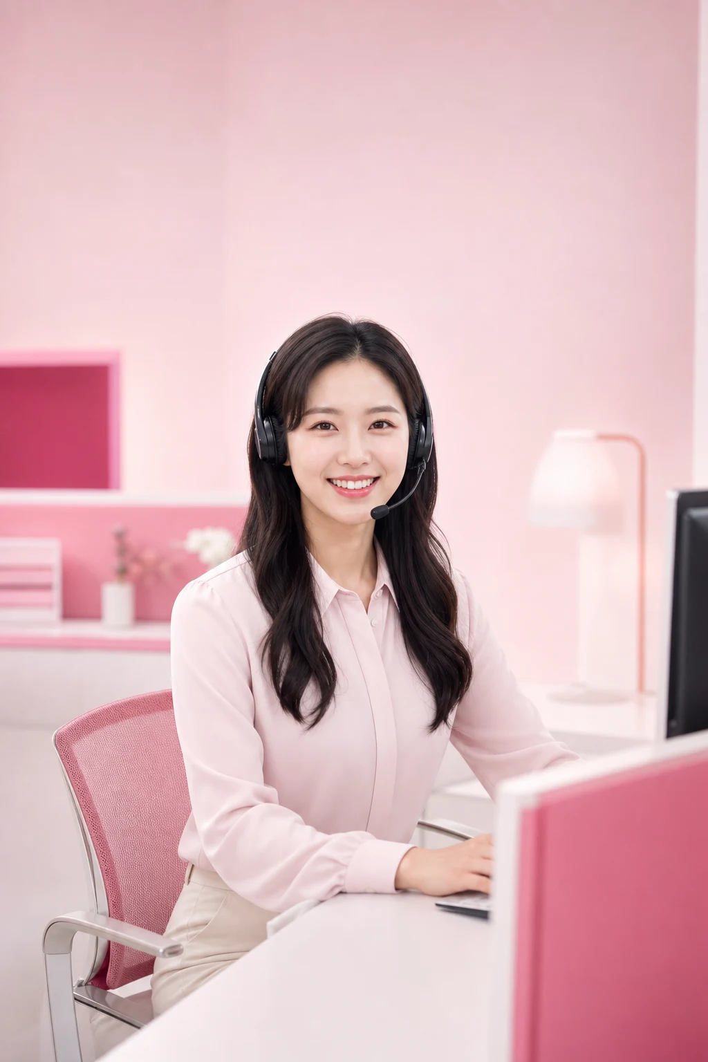 신용카드현금화 후기 다음머니 24시간 전화 문자 상담을 안내하는 헤드셋 여성 상담원 인물
